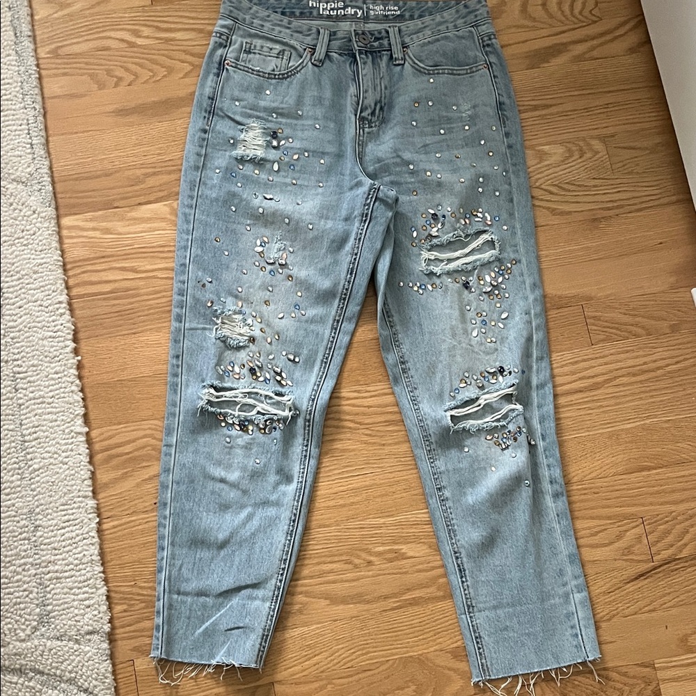 Hippie Laundry Light Blue Embellished Cropped Jeans